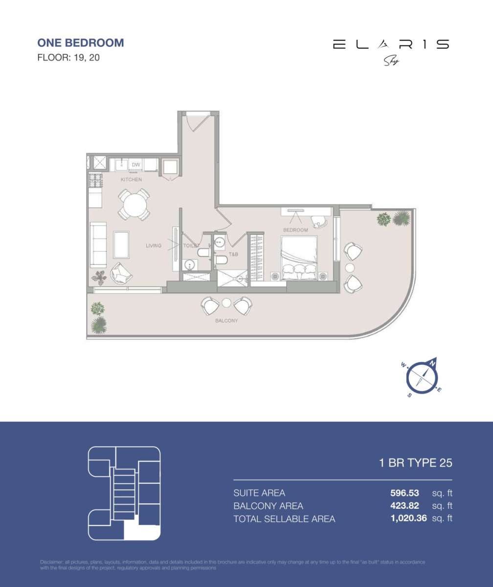 1BR-Type 25  | Elaris Sky offers 1-bedroom apartments in JVT District 3, Jumeirah Village Triangle, Dubai.